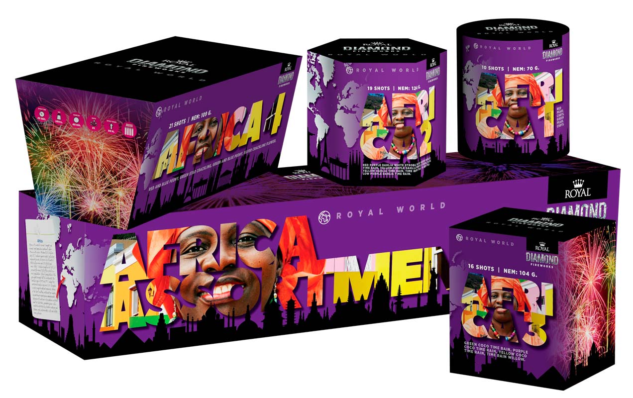 Royal Fireworks Africa Assortment med 4 store batterier – Lokalkrudt